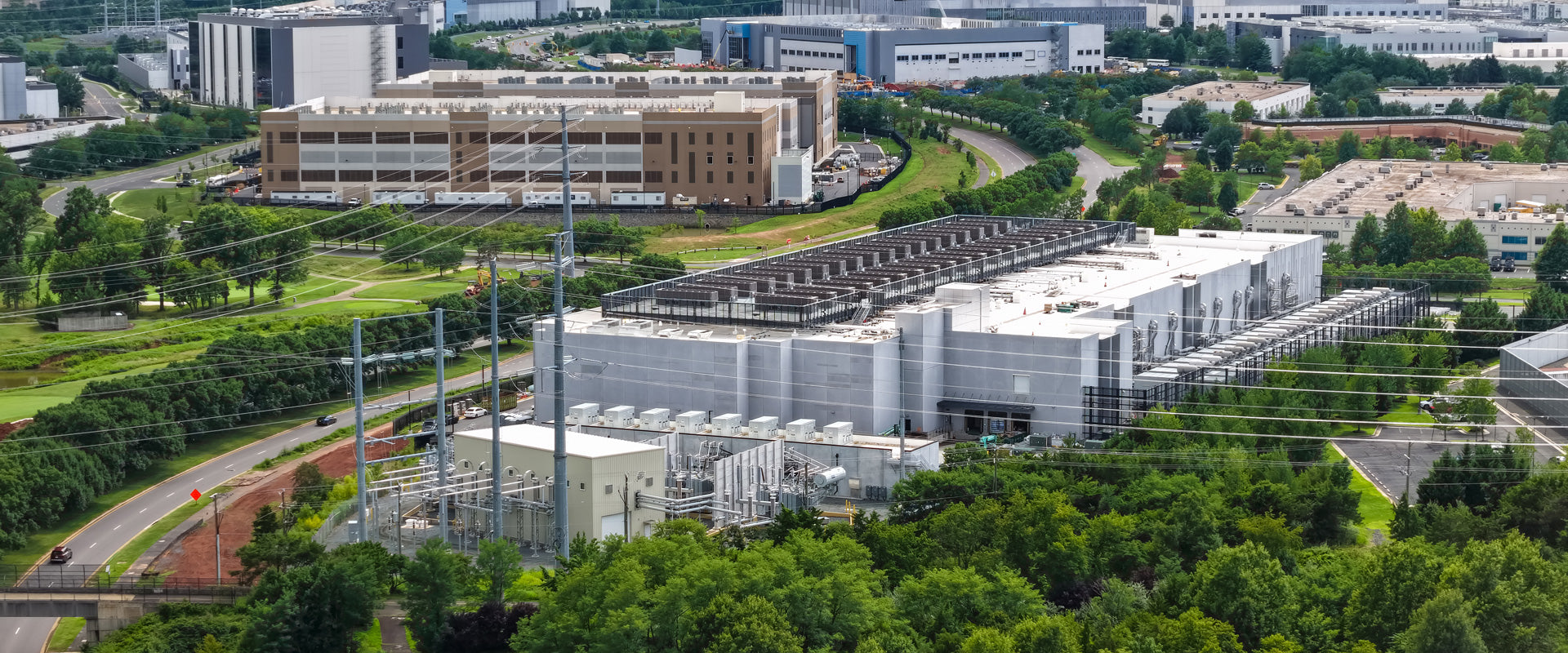 power lines distributing power to data center